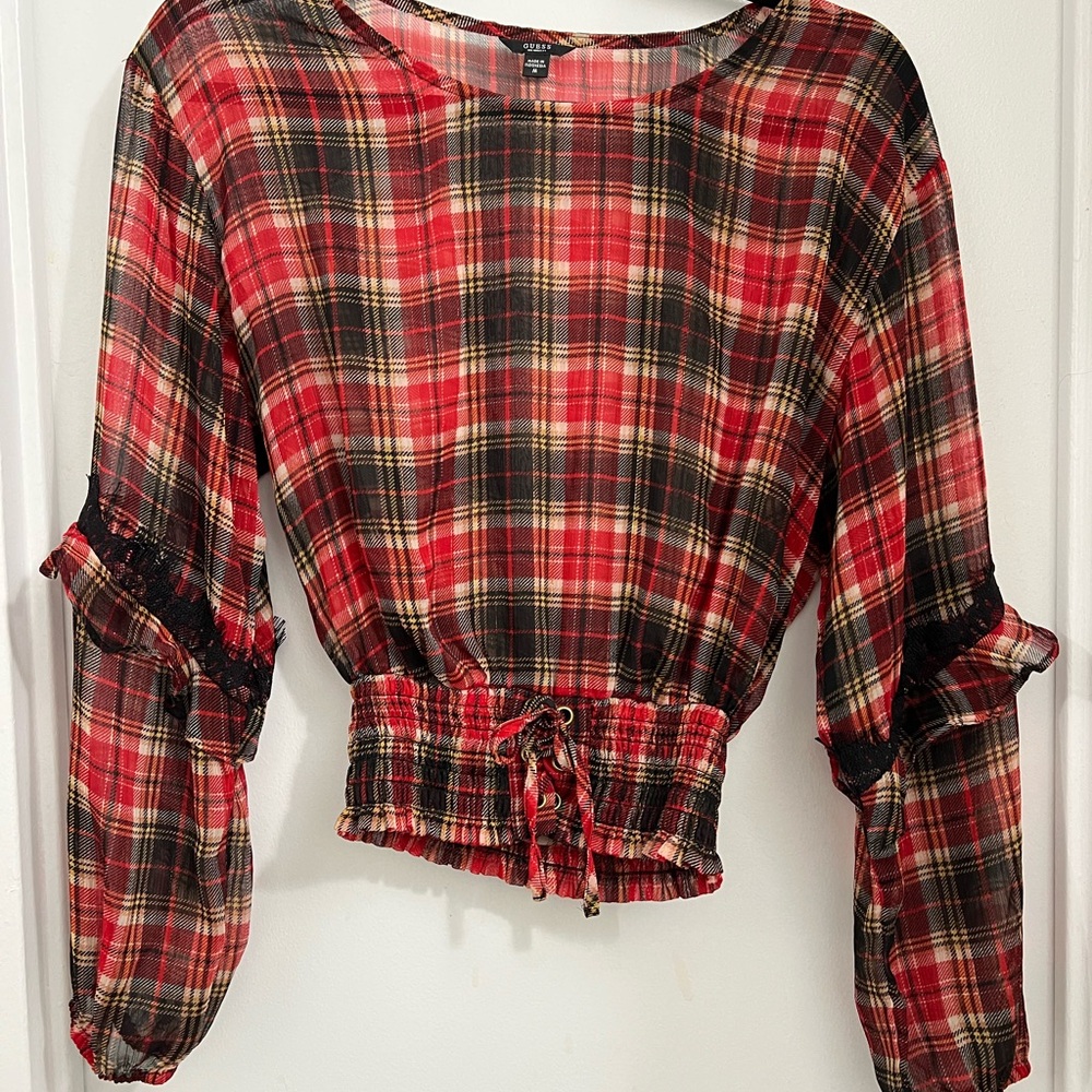 Guess Red and Black Plaid Blouse